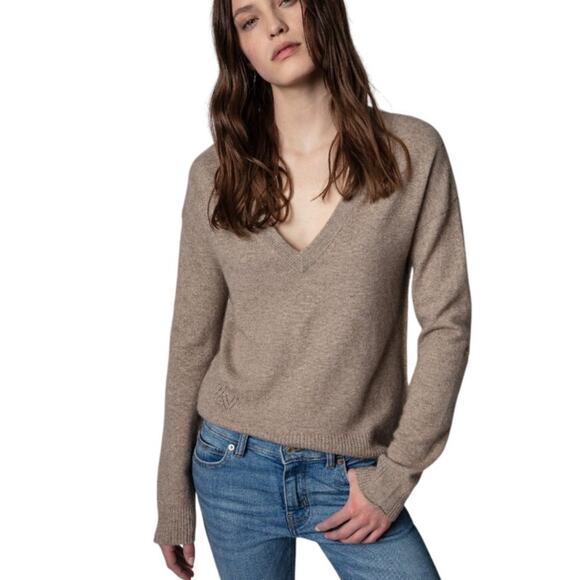 Zadig & Voltaire Vivi WS Gold Star Elbow Patch Cashmere Sweater M Oatmeal Deep V - Picture 9 of 13
